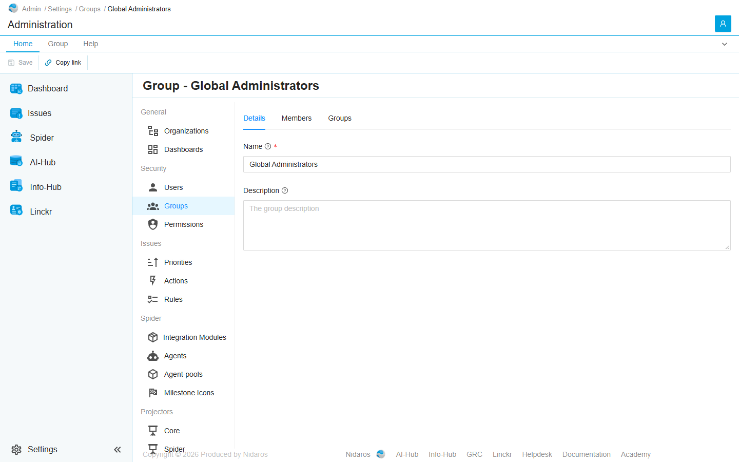 The Details tab of Global Administrators: its name, no description, and Save on the ribbon