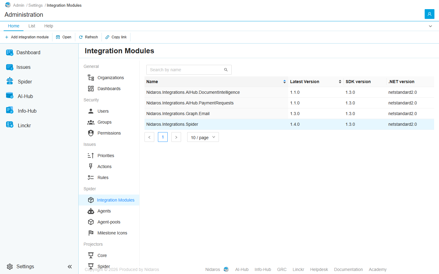 The Integration Modules page: four modules, each with its latest version, SDK version and .NET version, Nidaros.Integrations.Spider selected