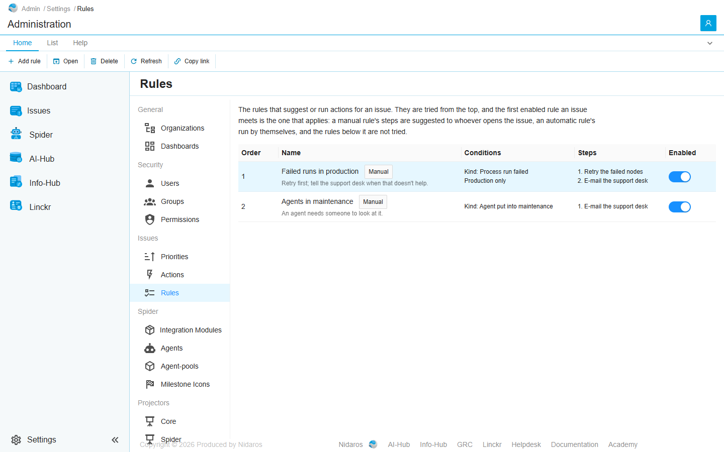 The Rules page: Failed runs in production, a manual rule for Process run failed issues in production that suggests Retry the failed nodes and E-mail the support desk, selected, and Agents in maintenance below it