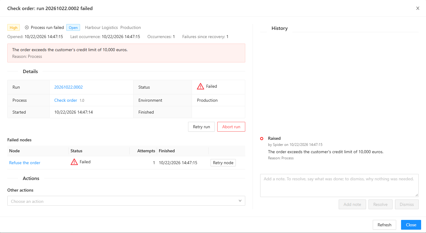 The issue dialog of Check order: run 20261022.0002 failed: the facts, the message, the run's details with Retry run and Abort run, its failed node with Retry node, the Actions section, and the history on the right