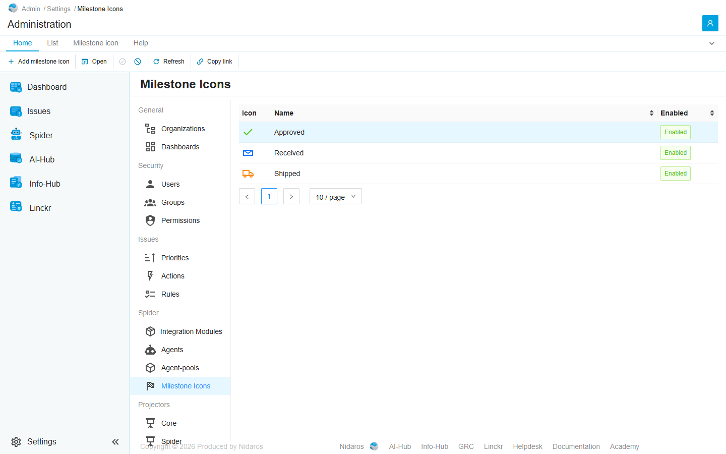 The Milestone Icons page: Approved, selected, Received and Shipped, each enabled