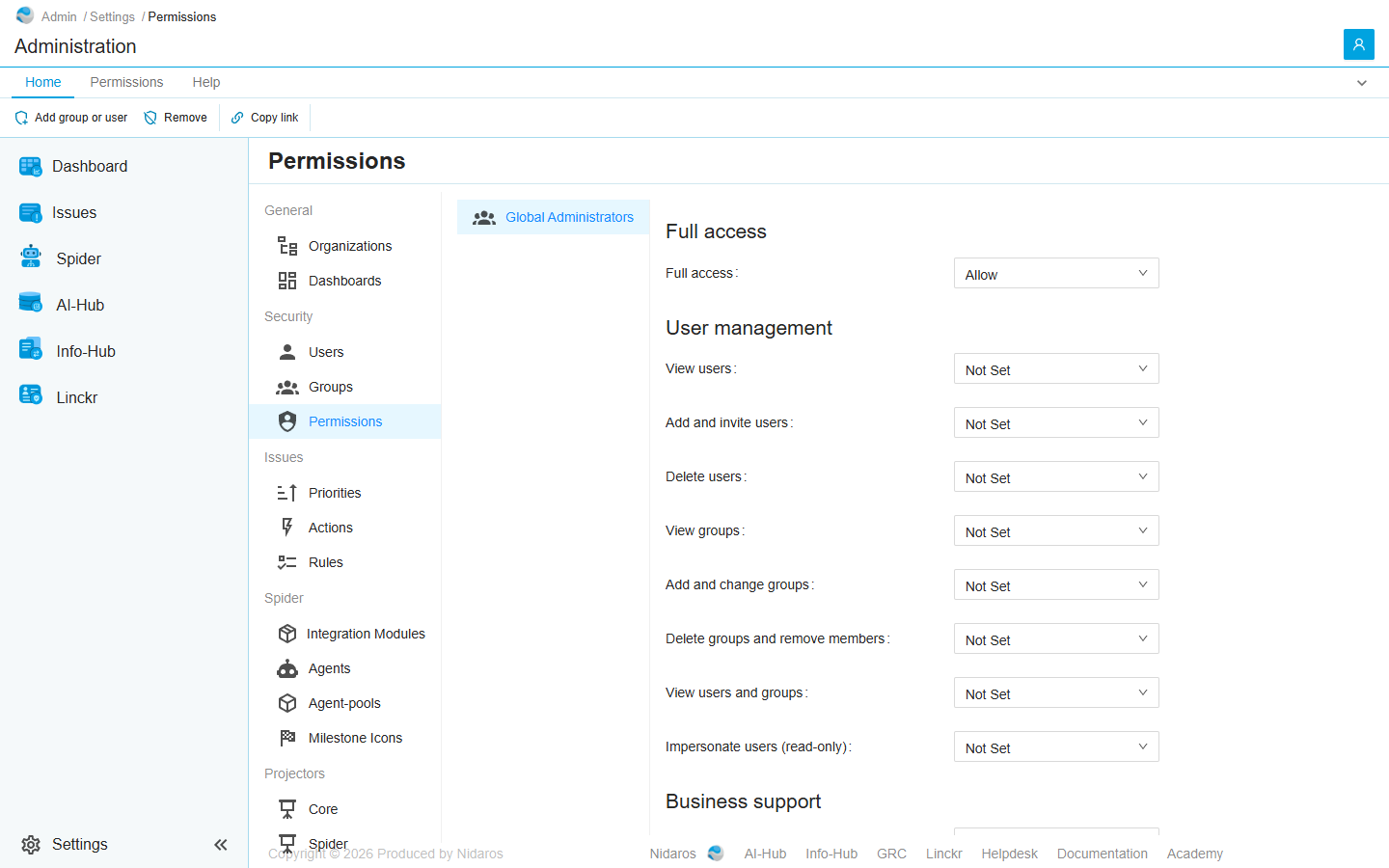 The Permissions page with Global Administrators selected: Full access set to Allow