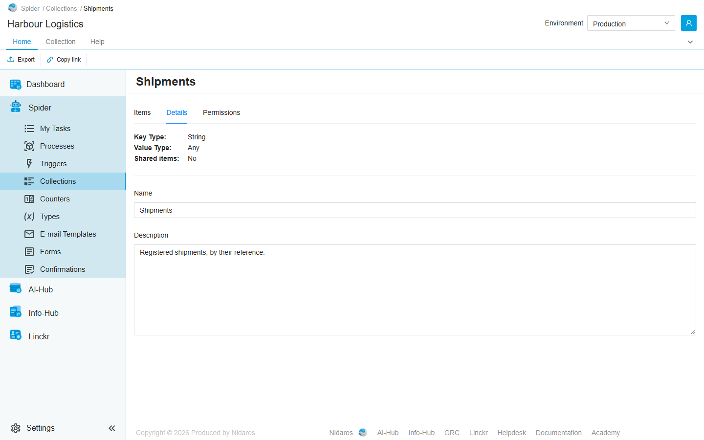 The Details tab of Shipments: Key Type String, Value Type Any, Shared items No, and the name and description, read-only