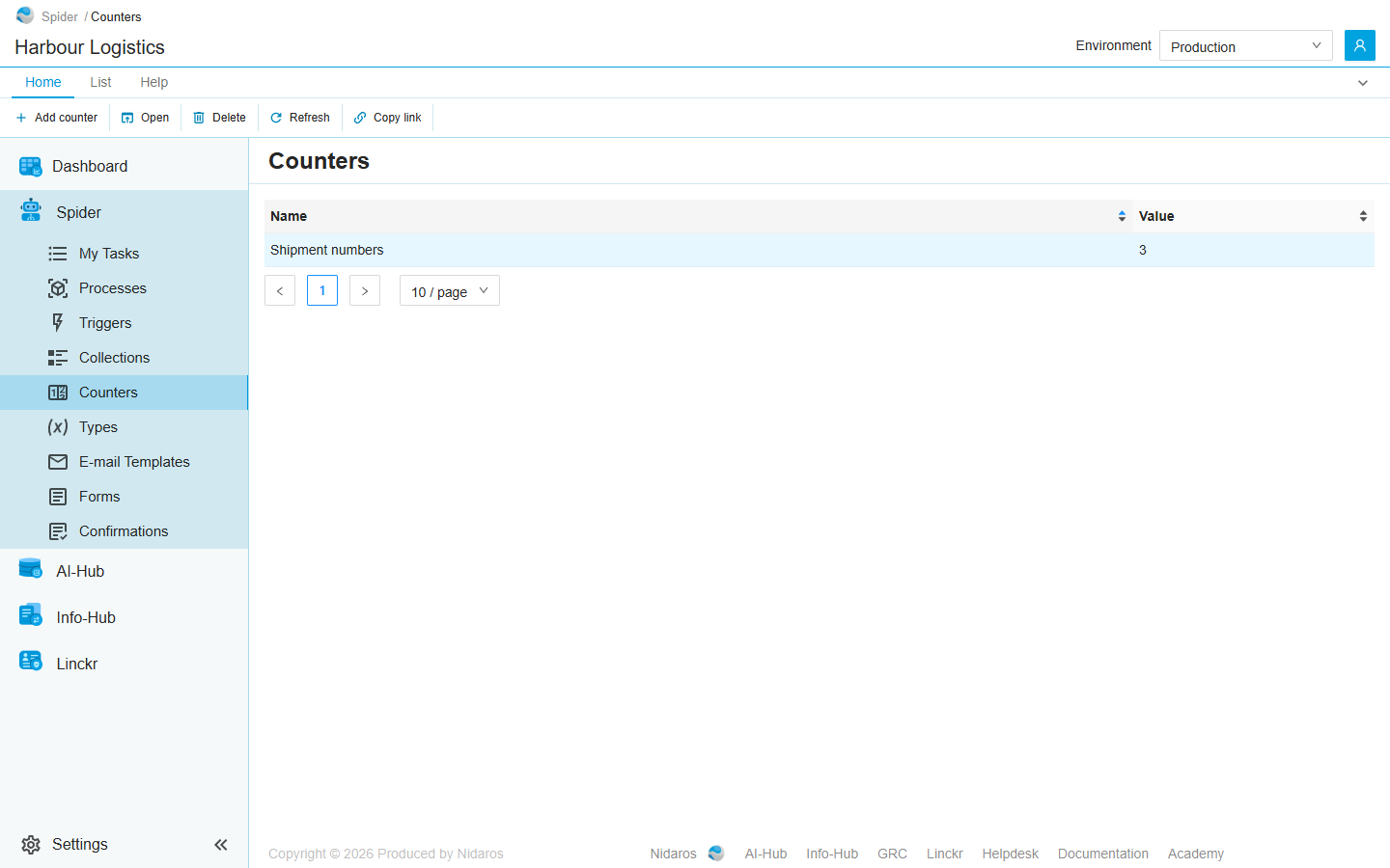 The Counters page: the counter Shipment numbers, at 3, selected