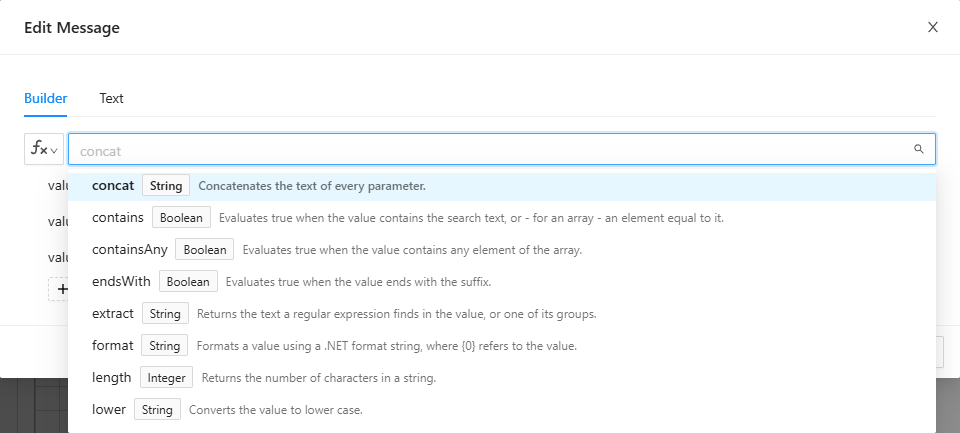 The list of functions, open on the builder's first row: concat and the other text functions, each with the type it gives and what it does
