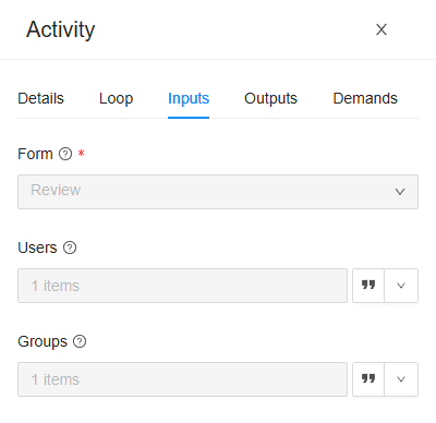 The Inputs tab of Review the claim: Form is Review, Users and Groups each hold one item