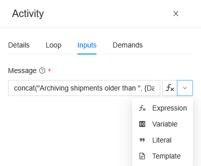 The menu of an input's button, open: Expression, Variable, Literal and Template