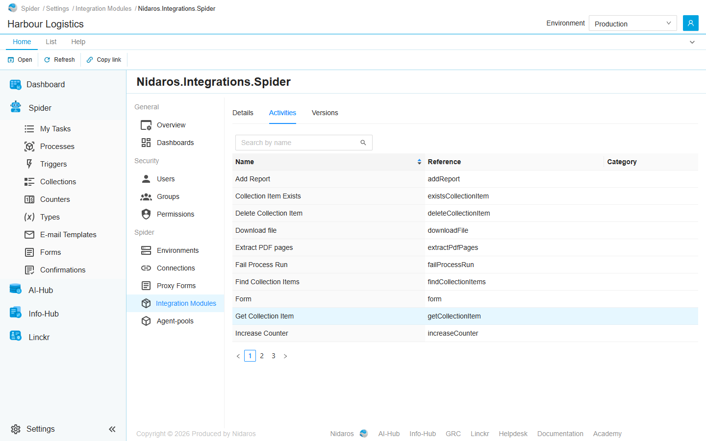 The Activities tab: the activities of the Spider module by name, reference and category, Get Collection Item selected
