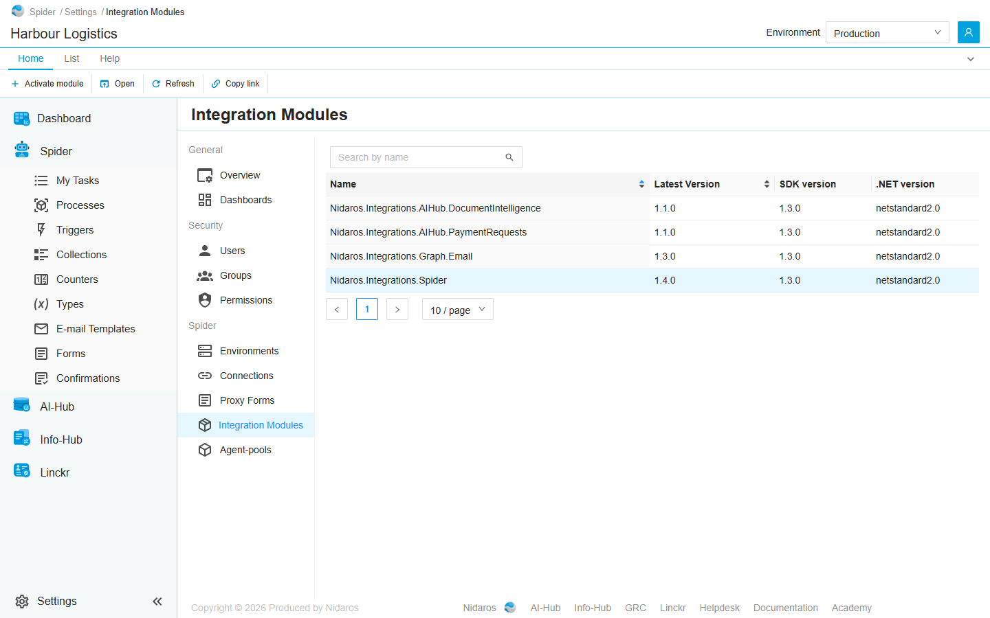 The Integration Modules page: four modules with their latest version, SDK version and .NET version, Nidaros.Integrations.Spider selected