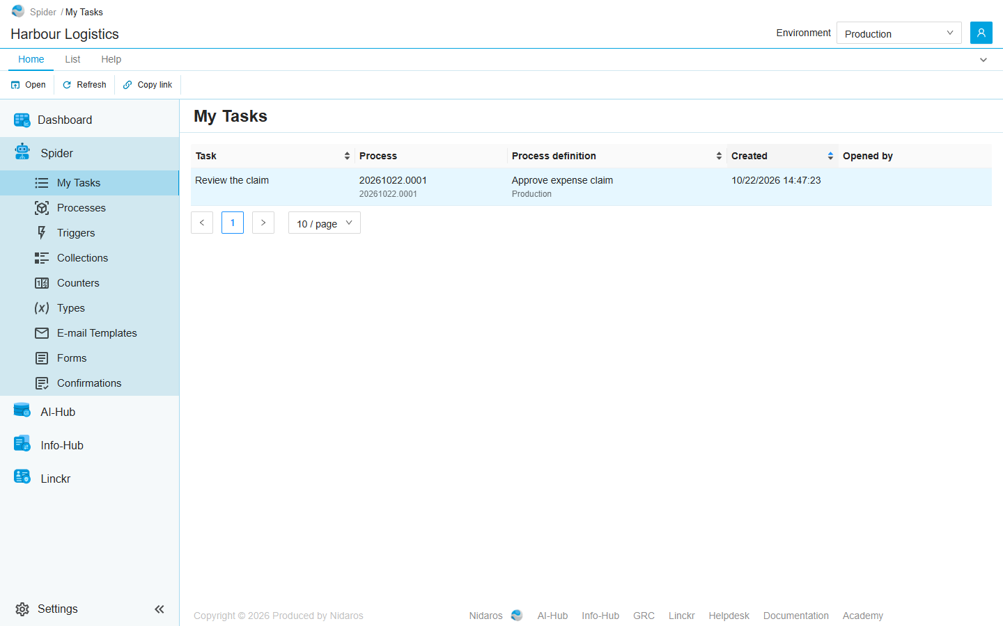 The My Tasks page with one task, Review the claim, of a run of Approve expense claim in Production, selected