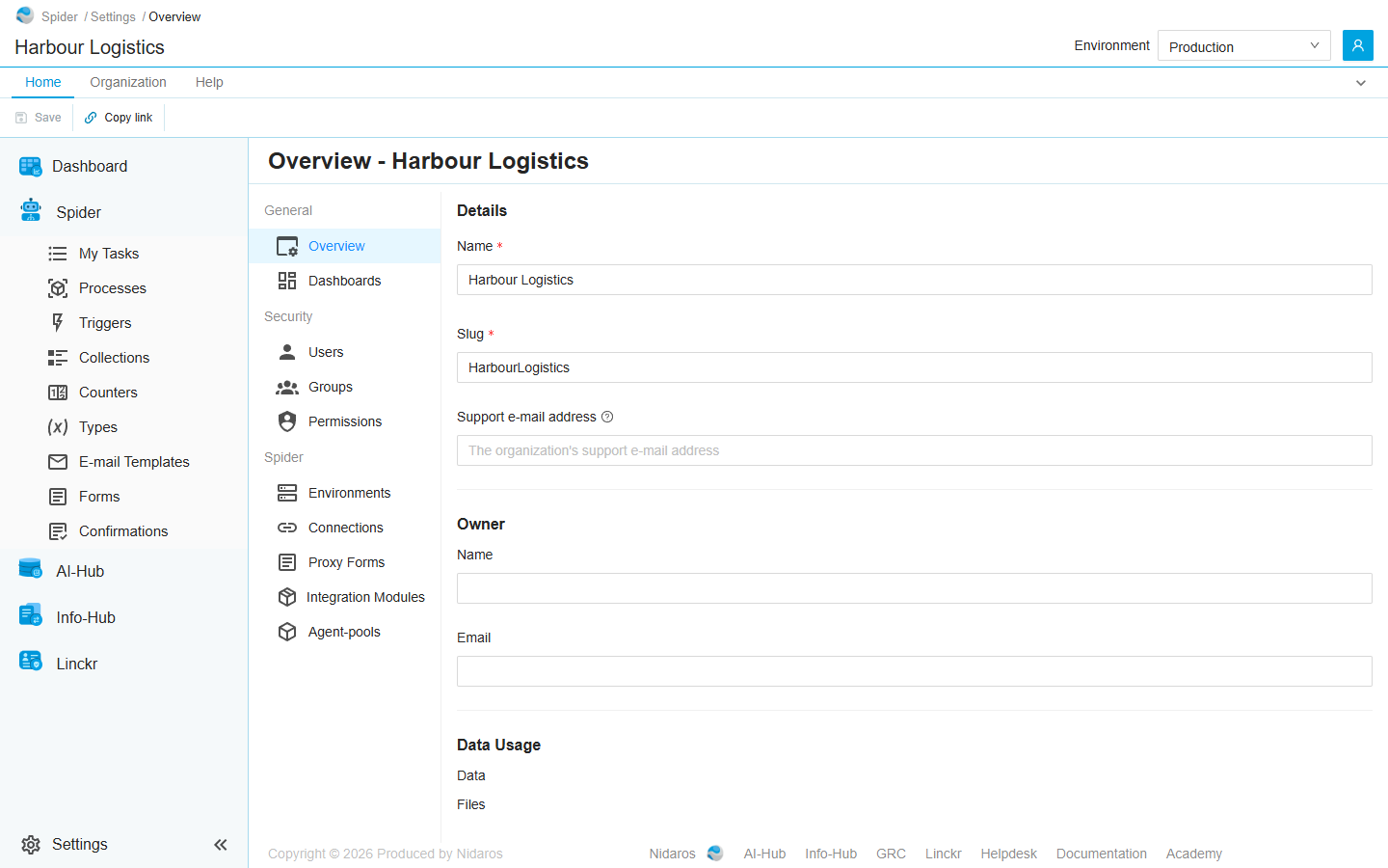 The Overview page of Harbour Logistics: the settings menu on the left, and the Details, Owner and Data Usage sections