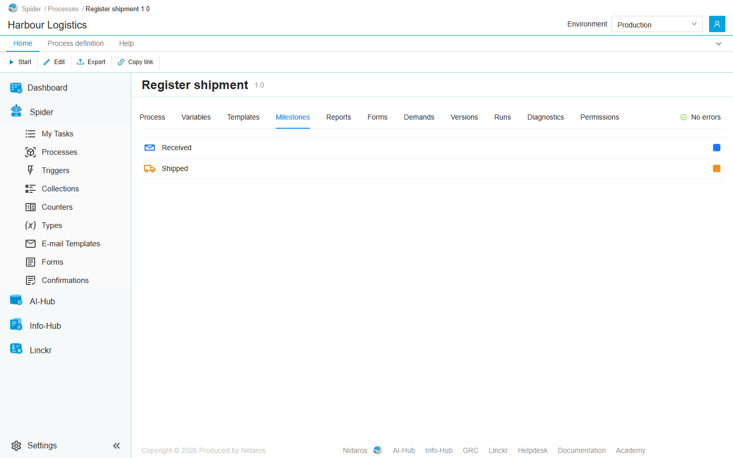 The Milestones tab of Register shipment: Received in blue and Shipped in orange