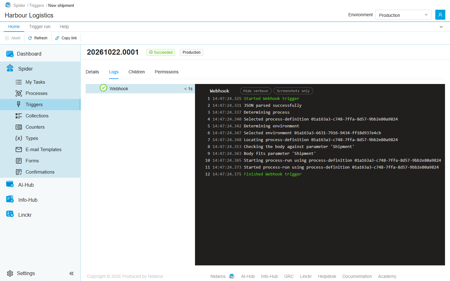 The Logs tab of the webhook's run: the activity Webhook on the left, and its twelve log lines on the right, from Started Webhook trigger to Finished Webhook trigger