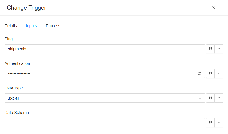 The Inputs tab of the webhook New shipment: the slug shipments, a hidden authentication key, the data type JSON and no data schema