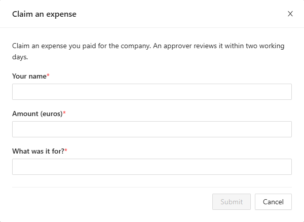 The form of Claim an expense: the fields Your name, Amount (euros) and What was it for?, with Submit and Cancel