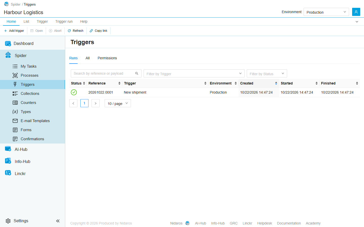 The Triggers page on its Runs tab: one trigger run of New shipment in Production, which succeeded