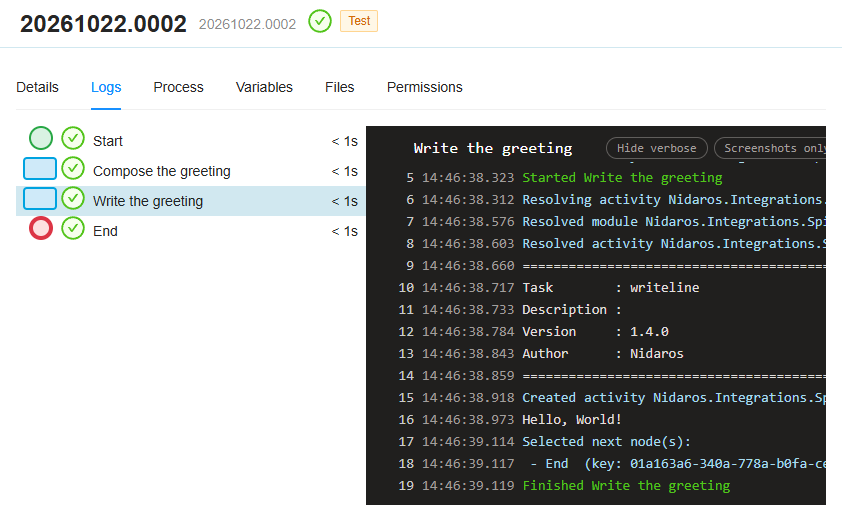 The Logs tab: the nodes Start, Compose the greeting, Write the greeting and End, all succeeded, and the log of Write the greeting with the line Hello, World!