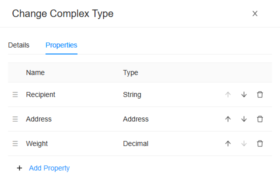 The Change Complex Type drawer of Delivery on its Properties tab: Recipient a String, Address an Address and Weight a Decimal, each with Move up, Move down and Delete property, and Add Property below them