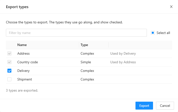 The Export types dialog: Delivery ticked, Address and Country code ticked and greyed, used by Delivery and Address, and Shipment not ticked; 3 types are exported